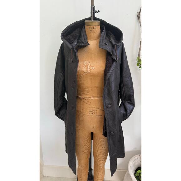 Vintage Shearling Patchwork Leather Coat Fur Interior70s-Style Statement - Picture 5 of 8